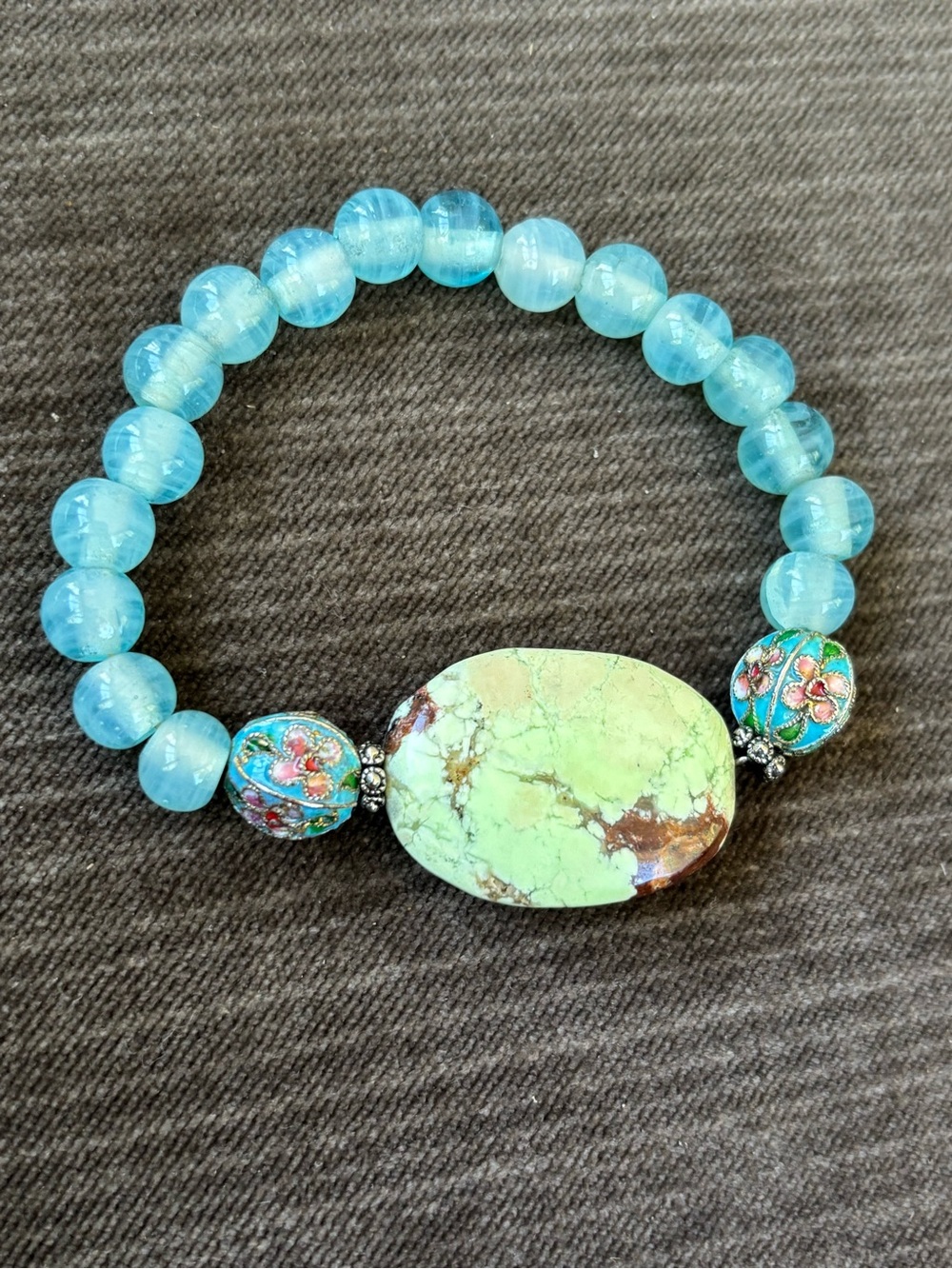 Crafting- Blue Aqua Beaded Stretch Bracelet with Green Turquoise Stone